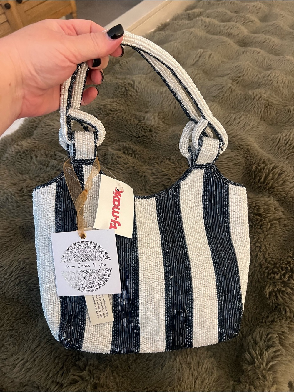 NWT Beaded Navy and White Stripe Handbag